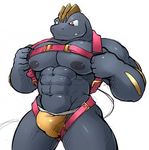  abs anthro big_muscles clothing harness humanoid machoke maldu male mammal muscular muscular_male nintendo nipples pecs pok&eacute;mon simple_background smile solo video_games 