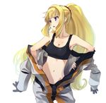  bare_shoulders blonde_hair breasts cleavage collarbone gundam gundam_tekketsu_no_orphans kudelia_aina_bernstein long_hair medium_breasts navel open_mouth ponytail purple_eyes shiny shiny_hair sidelocks solo spacesuit sports_bra tank_top undressing very_long_hair yone 