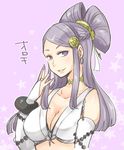 breasts cleavage earrings fire_emblem fire_emblem_if hair_ornament hair_stick hairpods jewelry large_breasts long_hair nail_polish orochi_(fire_emblem_if) purple_background purple_eyes purple_hair shougayaki_(kabayaki_3) solo star 