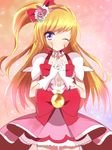  ;) asahina_mirai blonde_hair blush choker color_connection cosplay cure_flora cure_flora_(cosplay) cure_miracle gloves go!_princess_precure gradient gradient_background haru_(nature_life) hat long_hair mahou_girls_precure! one_eye_closed pink_hair precure side_ponytail smile solo white_gloves witch_hat 