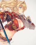  armor belt bikini_armor blonde_hair blue_eyes breasts cleavage crop_top eyebrows_visible_through_hair from_side granblue_fantasy grey_background large_breasts long_hair midriff min-naraken navel parted_lips polearm red_armor signature simple_background solo weapon zeta_(granblue_fantasy) 