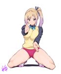  ass_visible_through_thighs blonde_hair buruma hair_ribbon highres hori_shin kawakami_mai long_hair martial_arts mole mole_under_eye musaigen_no_phantom_world ribbon school_uniform side_ponytail simple_background solo squatting thighs toned vest white_background 