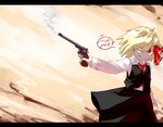  arm_at_side black_skirt black_vest blonde_hair bow collared_shirt colored_eyelashes devil_may_cry english fang_out gun hair_bow handgun highres letterboxed long_sleeves looking_to_the_side necktie one_eye_closed red_eyes red_neckwear revolver rumia shiny shiny_hair shirt short_hair skirt smoke smoking_gun solo touhou vest weapon white_shirt wind zakozako_y 