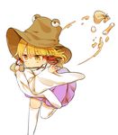  bad_id bad_twitter_id blonde_hair food food_in_mouth hair_ornament hair_ribbon hat long_sleeves misha_(hoongju) moriya_suwako oden ribbon short_hair solo thighhighs touhou wide_sleeves yellow_eyes 