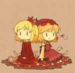  :d aki_minoriko aki_shizuha akihiyo autumn_leaves back-to-back barefoot blonde_hair blush brown_background bug bunny chibi dragonfly food fruit grapes hair_ornament hat insect multiple_girls open_mouth short_hair siblings simple_background sisters sitting smile touhou v_arms |_| 