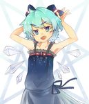  alternate_costume armpits arms_up blue_eyes blue_hair cirno hair_ribbon ice ice_wings murani raised_eyebrow ribbon sash solo touhou wings 