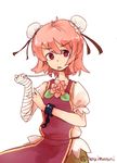  bandages bun_cover cuffs double_bun ibaraki_kasen mouth_hold murani pink_eyes pink_hair raised_eyebrow shackles solo tabard touhou twitter_username white_background 