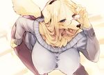  anthro big_breasts blue_eyes blush breasts canine clothed clothing dog eyewear female glasses hair hanging_breasts kishibe leaning_over long_hair mammal nipple_bulge open_mouth smile solo sweater 