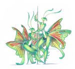  ambiguous_gender antennae anthro arthropod dancing drachenmagier green_eyes green_skin insect mantis pole pole_dancing simple_background white_background 