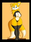  2016 anthro big_breasts black_border border breasts canine clothing crossgender female fox gloves hi_res legwear mammal miles_prower navel smile solo sonic_(series) suirano thigh_highs wide_hips 