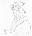  anthro barefoot buckteeth cub greyscale jake_cottontail lagomorph looking_at_viewer male mammal mizzyam monochrome nude open_mouth pencil_(artwork) rabbit side_view sitting smile solo space_hopper tasteful_nudity teeth traditional_media_(artwork) young 