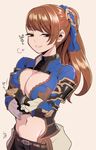  beatrix_(granblue_fantasy) belt breasts brown_eyes brown_hair cleavage crossed_arms doyagao gauntlets granblue_fantasy hair_ornament hair_ribbon hanauna large_breasts long_hair looking_at_viewer midriff narrowed_eyes navel ponytail ribbon smile solo 