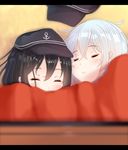  akatsuki_(kantai_collection) anchor_symbol black_hair blush closed_eyes commentary_request flat_cap hat hat_removed headwear_removed hibiki_(kantai_collection) highres kantai_collection kiyomin kotatsu multiple_girls silver_hair sleeping table under_kotatsu under_table 