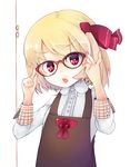  bespectacled blonde_hair bow glasses hair_bow murani nail_polish open_mouth raised_eyebrow red-framed_eyewear red_eyes rumia short_hair solo touhou white_background 