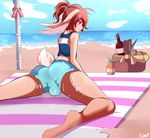  2015 alcohol alex_(chatai) anthro baguette basket beach beverage blush bulge butt chatai clothed clothing cream_fur crop_top digitigrade food fur girly hair kneeling lagomorph leaning leaning_forward looking_at_viewer looking_back lotion male mammal midriff ponytail purple_eyes rabbit rear_view red_hair sea seaside shirt shorts smile solo sun_lotion tank_top towel water wet wine 
