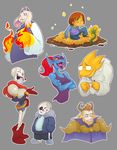  3girls alphys androgynous animal_ears asgore_dreemurr beard blonde_hair blue_skin boots brown_hair closed_eyes eyepatch facial_hair fire flower frisk_(undertale) glasses goat_ears goat_girl head_fins heart horns labcoat monster_boy monster_girl multiple_boys multiple_girls one_eye_closed open_mouth palidoozy-art papyrus_(undertale) ponytail red_hair sans scarf sharp_teeth shirt short_hair skeleton smile striped striped_shirt teeth toriel undertale undyne yellow_skin 