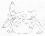  anthro balls barefoot barely_visible_genitalia buckteeth cub digitigrade greyscale jake_cottontail lagomorph looking_at_viewer lying male mammal mizzyam monochrome nude on_front one_leg_up pencil_(artwork) rabbit sheath smile solo space_hopper teasing teeth tongue tongue_out traditional_media_(artwork) young 