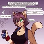  1:1 2016 anthro beverage breasts can carry_(scorpdk) cat clothing dialogue english_text feline female food green_eyes hair hi_res licking licking_lips mammal open_mouth purple_hair scorpdk shirt short_hair solo tank_top text tongue tongue_out towel unseen_character 