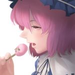  amino_(tn7135) bad_id bad_pixiv_id bangs blue_neckwear blue_ribbon blurry depth_of_field eating eyelashes face food from_side hat holding holding_food neck_ribbon open_mouth pink_eyes pink_hair pink_lips red_eyes ribbon ribbon-trimmed_collar ribbon_trim saigyouji_yuyuko shade short_hair simple_background solo sweets touhou white_background 