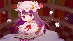  book bookshelf capelet coat crescent dress hair_ribbon hat highres library long_hair long_sleeves looking_at_viewer mob_cap open_book open_clothes open_coat patchouli_knowledge purple_eyes purple_hair ribbon solo striped striped_dress touhou tress_ribbon yamabuki_(yusuraume) 