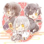  ? bebe_0620 black_hair brown_hair chibi egasumi eyepatch flower grin hagoita hanetsuki japanese_clothes male_focus multiple_boys new_year one_eye_closed ookurikara paddle shokudaikiri_mitsutada smile touken_ranbu tsurumaru_kuninaga white_hair yellow_eyes 