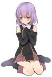  bangs bare_shoulders black_dress black_footwear black_gloves blush boots clenched_hands covering covering_breasts crossed_arms dress elbow_gloves embarrassed fingerless_gloves full_body gloves hai_to_gensou_no_grimgar hair_between_eyes hands_on_own_chest knee_boots looking_away looking_down pelvic_curtain purple_eyes purple_hair raised_eyebrows sekiya_asami shihoru_(grimgar) short_dress short_hair simple_background sitting sketch solo wariza white_background 