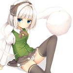  bangs black_bow black_hairband black_legwear black_neckwear black_skirt blunt_bangs bow bowtie eyebrows eyebrows_visible_through_hair green_vest hair_ribbon hairband highres hitodama konpaku_youmu konpaku_youmu_(ghost) long_sleeves panties pantyshot pantyshot_(sitting) puffy_long_sleeves puffy_sleeves ribbon short_hair simple_background sitting skirt solo striped striped_panties tatapopo thighhighs touhou underwear upskirt vest white_background white_hair 