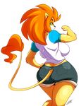  anthro big_breasts breasts butt chalo clothed clothing feline female fur green_eyes hair huge_breasts lion mammal multicolored_fur orange_hair smile solo tail_tuft thick_thighs tuft two_tone_fur white_fur wide_hips yellow_fur 