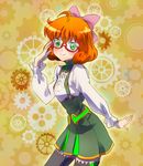  :&gt; adjusting_eyewear ahoge bangs bespectacled black_legwear blouse blush bow buckle contrapposto cowboy_shot freckles gears glasses green_skirt hair_bow high-waist_skirt highres iesupa long_sleeves looking_at_viewer orange_hair outstretched_arm penny_polendina pleated_skirt red-framed_eyewear rwby semi-rimless_eyewear short_hair skirt smile solo standing suspender_skirt suspenders thighhighs under-rim_eyewear white_blouse yellow_background 