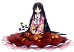  absurdres baba_(baba_seimaijo) black_hair branch brown_eyes highres hime_cut houraisan_kaguya jeweled_branch_of_hourai long_hair long_sleeves looking_at_viewer shirt sitting skirt solo tachi-e touhou transparent_background very_long_hair wide_sleeves 
