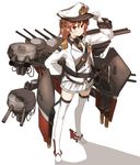  adjusting_clothes adjusting_hat amonitto anchor_hair_ornament battleship brown_hair cannon courbet_(battleship) epaulettes gloves hair_ornament hand_on_headwear hand_on_hip hat hat_tip jacket katana long_sleeves machinery mecha_musume military military_hat military_uniform military_vehicle open_clothes open_jacket original peaked_cap personification pleated_skirt ponytail red_eyes ship shirt skirt solo sword thighhighs turret uniform warship watercraft weapon white_gloves white_legwear zettai_ryouiki 
