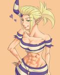  abs bare_shoulders blonde_hair breasts cameltoe cleavage collarbone commentary_request cowboy_shot crop_top green_eyes horn licking_lips namasomi off-shoulder_shirt pointy_ears ponytail prison_clothes scar scythana shirt skullgirls solo thigh_gap tongue tongue_out wide_hips 