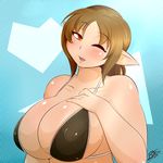  big_breasts bikini blush breasts brown_hair clothing elf female hair hand_on_breast humanoid looking_at_viewer mammal one_eye_closed open_mouth orange_eyes pointy_ears ryousakai solo swimsuit teeth tongue wink winking_at_viewer 