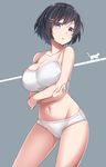  bakemonogatari black_hair blush bra breast_hold breasts cat cleavage hair_ornament hanekawa_tsubasa highres large_breasts monogatari_(series) navel ninnzinn open_mouth panties purple_eyes short_hair simple_background solo sports_bra underwear underwear_only white_bra white_panties 