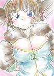 animal_ears arms_up blue_eyes blush breasts brown_hair bunny_ears chrono_cross cleavage cleavage_cutout eyebrows eyebrows_visible_through_hair fur janice jewelry large_breasts looking_at_viewer monster_girl navel paws pink_background ryuuzaki_victorias_mochi short_hair simple_background solo tail upper_body 