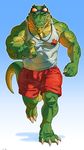  anthro barazoku barefoot biceps bulge claws clothed clothing crocodile eyewear front_view league_of_legends lifeguard looking_at_viewer male muscular muscular_male nipple_bulge pecs pointing pointing_at_viewer red_eyes renekton reptile rossciaco running scalie sharp_teeth shirt shorts solo sunglasses sunglasses_on_head tank_top teeth toe_claws video_games whistle yellow_sclera 