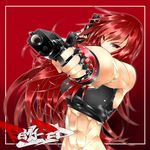  abs aiming_at_viewer biceps borrowed_character breasts cai-man dual_wielding gun handgun highres holding large_breasts long_hair midriff muscle muscular_female original pistol red_eyes remy-red solo tank_top weapon 