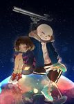  ^_^ ^o^ androgynous bad_id bad_pixiv_id bandaid bandaid_on_face bandaid_on_leg blush bone brown_hair closed_eyes facepaint frisk_(undertale) full_body fur_trim grin hands_in_pockets highres hood hooded_jacket hoodie jacket laughing long_sleeves night night_sky noahxica reflection sans shirt shoelaces shoes shorts sitting skeleton skull sky smile sneakers star_(sky) starry_sky striped striped_sweater sweater t-shirt teeth telescope undertale unzipped white_shirt 