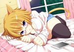  animal_ears bed black_legwear blue_eyes blush breasts cat_ears cat_tail earbuds earphones extra_ears highres large_breasts looking_at_viewer lying moon night on_side open_mouth original papino phone short_hair sky solo star_(sky) starry_sky tail thighhighs window 