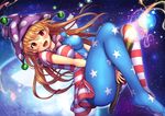  american_flag_dress american_flag_legwear bangs between_legs blonde_hair blush breasts clownpiece fairy_wings frilled_shirt_collar frills hat jester_cap long_hair looking_at_viewer medium_breasts open_mouth pantyhose red_eyes snowcanvas solo star torch touhou wings 