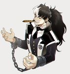  black_hair black_neckwear blue_background buttons chain collared_shirt cuffs denbaa feathers from_above grey_background grey_eyes gyakuten_saiban gyakuten_saiban_5 hair_between_eyes handcuffs high_collar jacket long_hair long_sleeves looking_at_viewer male_focus mouth_hold multicolored_hair necktie ponytail shackles shirt simple_background smile solo two-tone_hair upper_body white_hair white_shirt yuugami_jin 