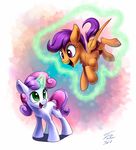  2016 duo equine female feral friendship_is_magic geathered_wings glowing green_eyes hair horn magic mammal multicolored_hair my_little_pony open_mouth pegasus purple_eyes purple_hair scootaloo_(mlp) sweetie_belle_(mlp) tsitra360 two_tone_hair unicorn wings 