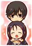  1girl ^_^ black_hair blush brother_and_sister charlotte_(anime) chibi closed_eyes food hair_between_eyes hair_ornament hairclip hamapon hands_on_another's_shoulders heart long_hair long_sleeves open_mouth otosaka_ayumi otosaka_yuu red_background siblings simple_background smile translated upper_body 