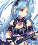  5pb_(choujigen_game_neptune) absurdres bare_shoulders blue_hair blush choujigen_game_neptune collar guitar hair_ornament headphones highres instrument long_hair looking_at_viewer mole mole_under_eye neptune_(series) normaland purple_eyes smile solo tattoo 