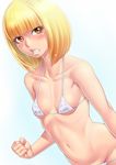  angry bikini blonde_hair blush breasts clenched_hand clenched_teeth highres masato_(mk) micro_bikini midorikawa_hana midriff navel prison_school short_hair small_breasts solo stomach swimsuit teeth underboob yellow_eyes 