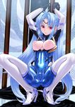  android arms_up blue_hair breasts earrings gloves high_heels highres inverted_nipples jewelry kos-mos large_breasts looking_at_viewer musen-shiki_sanhankikan navel nipples parts_exposed pussy red_eyes solo squatting transparent twintails xenosaga xenosaga_episode_ii 