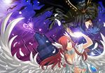  1girl blue_eyes blue_hair breasts brown_hair cleavage erza_scarlet eye_contact fairy_tail hair_over_one_eye heart holding_hands jellal_fernandes large_breasts long_hair looking_at_another red_hair rokugatsu_no_usagi spiked_hair wings 