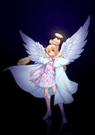  aida_mana angel angel_wings blonde_hair boots bow cape cure_heart cure_heart_parthenon_mode dokidoki!_precure full_body hair_ornament halo heart heart_hair_ornament high_heel_boots high_heels highres kazuma_muramasa knee_boots outstretched_arm pink_bow pink_footwear precure red_eyes smile solo standing star starry_background wings 