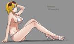  bikini blonde_hair eyewear_on_head feet high_heels highres hikari123456 long_legs looking_at_viewer open_toe_shoes sandals shoes sitting solo strappy_heels sunglasses swimsuit tennessee_(zhan_jian_shao_nyu) toes zhan_jian_shao_nyu 