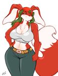  anthro bandanna big_breasts big_ears breasts chalo chest_tuft clothed clothing female floppy_ears fur green_hair hair huge_breasts lagomorph long_hair mammal multicolored_fur rabbit red_eyes red_fur smile solo thick_thighs tuft two_tone_fur white_fur wide_hips 